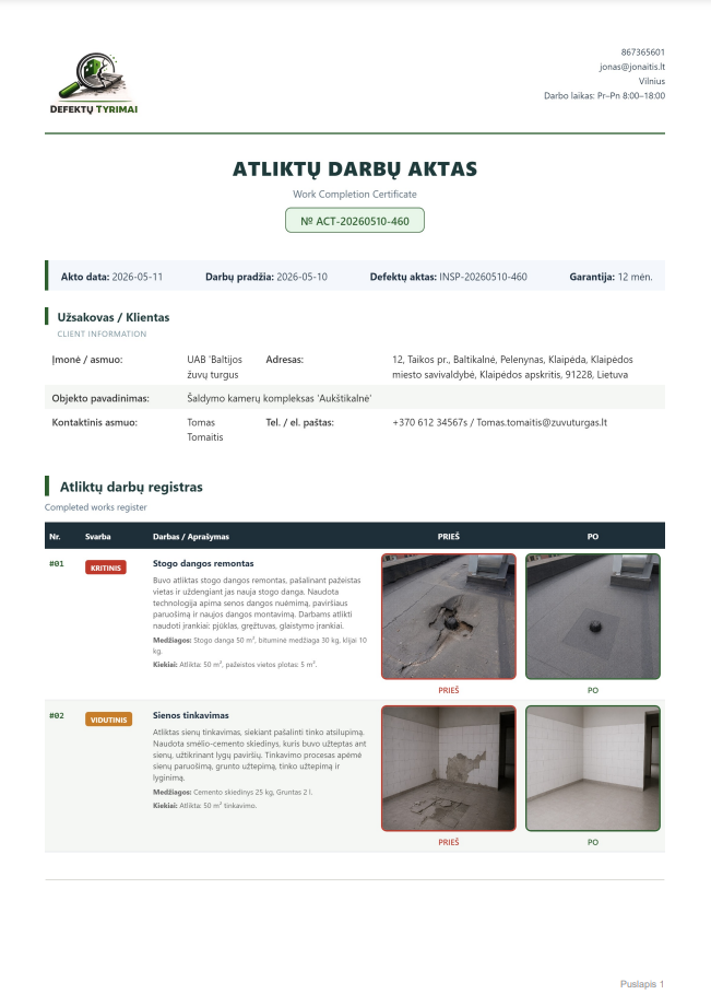 Atliktų darbų aktas PDF pavyzdys – 1 puslapis